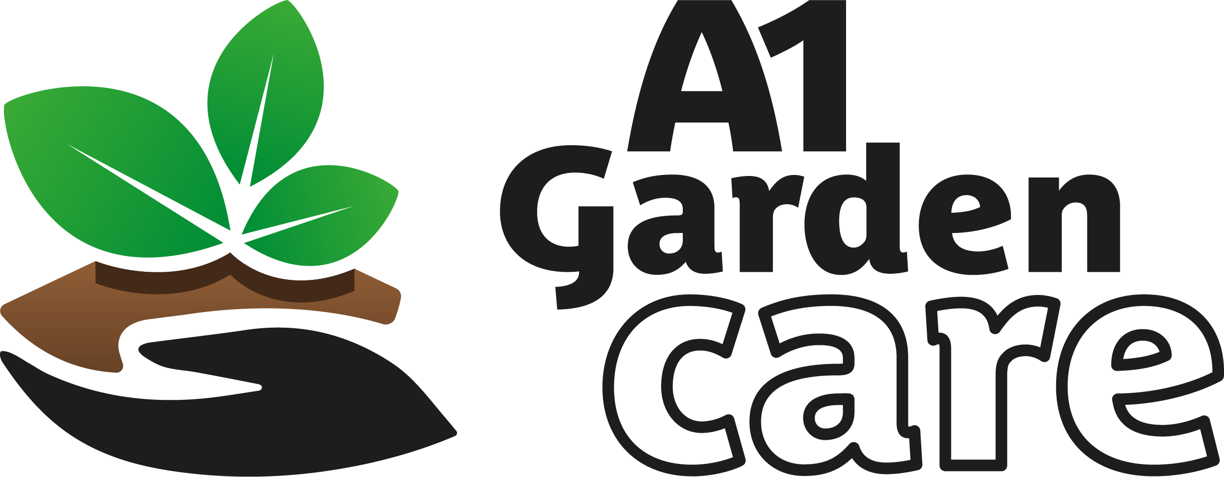 Logo of a1 garden care featuring stylized black text and a green leaf cradled in a brown hand, symbolizing eco-friendly gardening services.